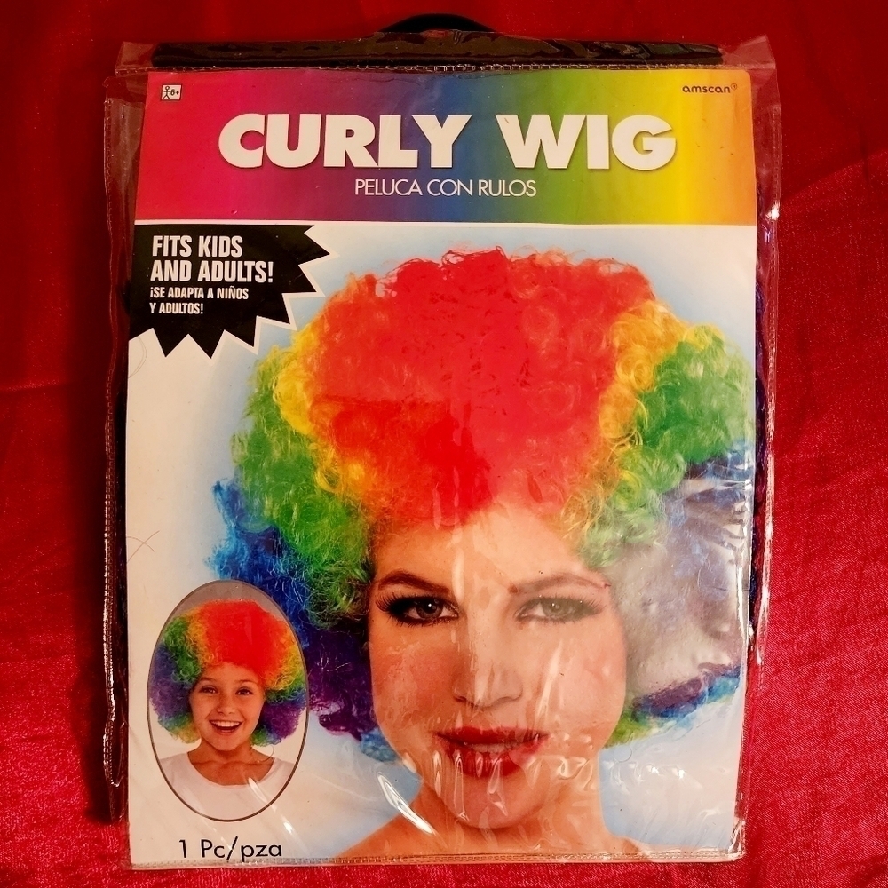 NWT Curly Rainbow Clown Wig Halloween Costume Accessory Cosplay Oone Size New